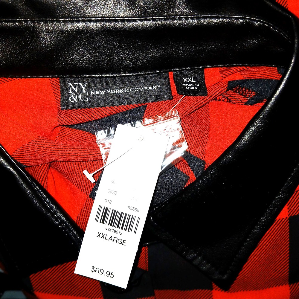 NY&C Women Longline Duster Top XXL Red Buffalo Plaid Checker Faux Leather Trim - Picture 10 of 10